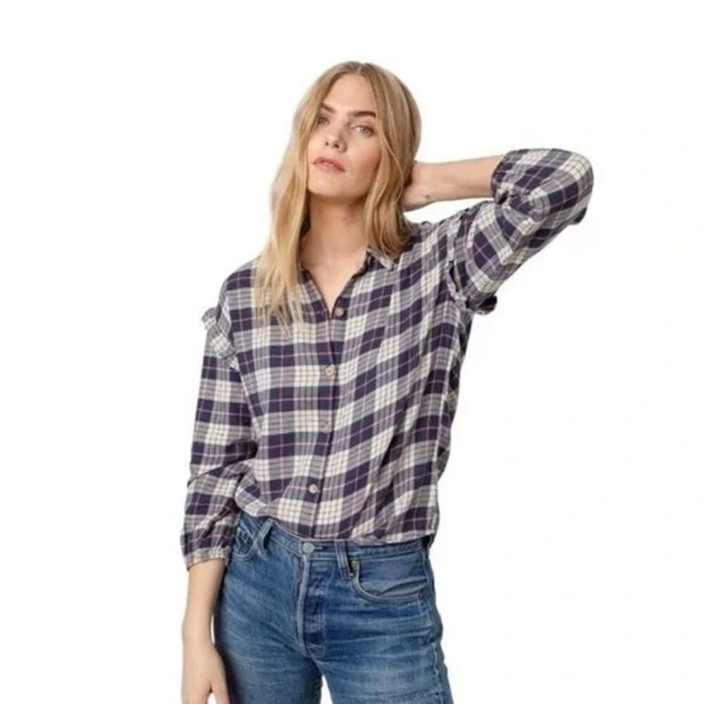 Rails Willow Plaid Flannel Button Up Shirt Ruffle Pink Blue Collared Top XS